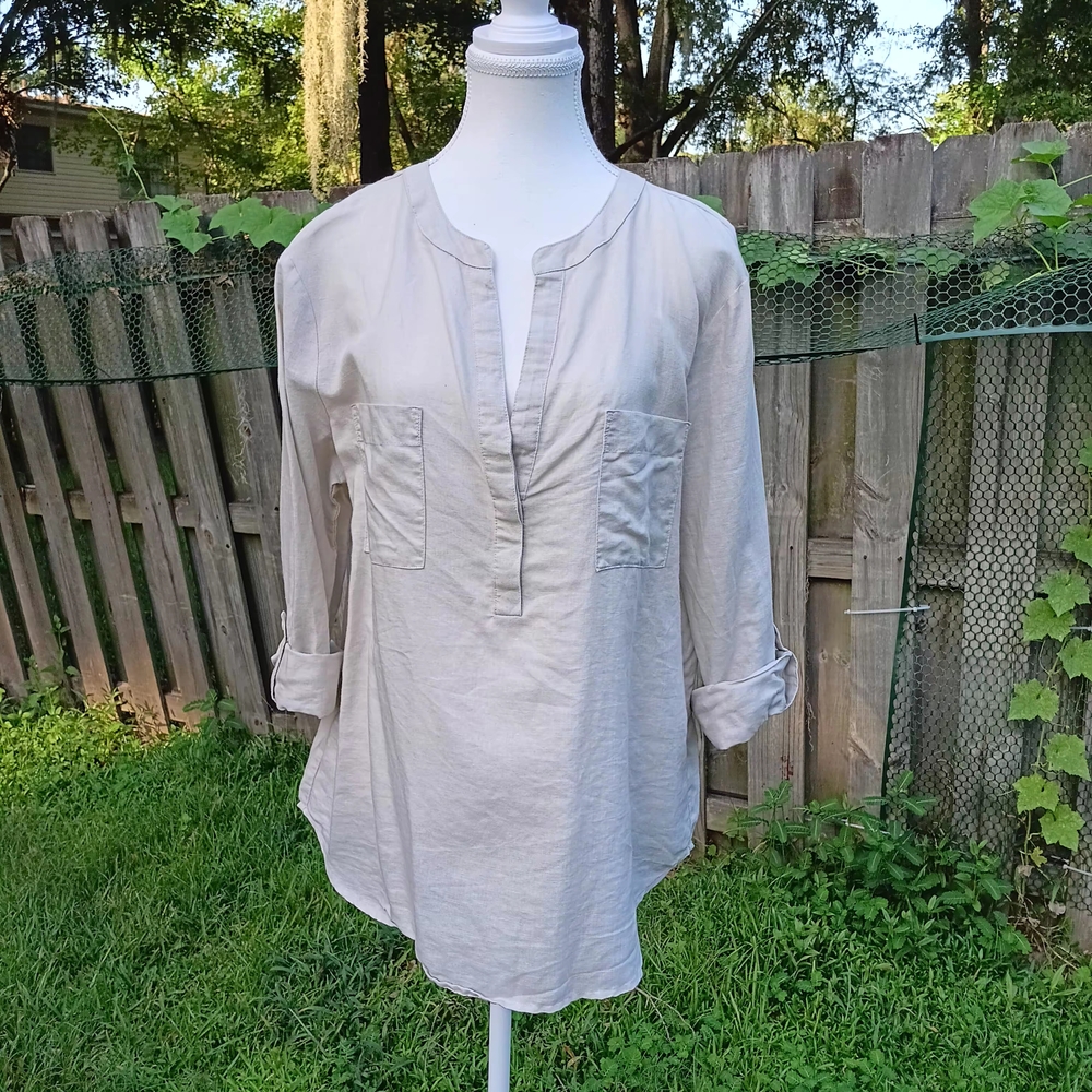 Ann Taylor Long Size Roll Up Sleeves Large Linen/Cotton Mix Women Shirt
